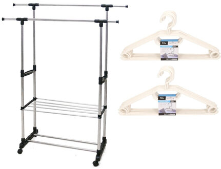 Mobiel kledingrek dubbele stang 160 cm met 20x kledinghangers
