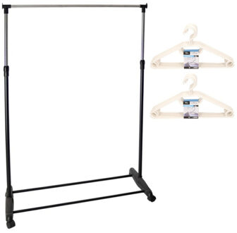 Mobiel kledingrek enkele stang 90-160 cm incl. 20 witte kledinghangers - Kledingrekken Zilverkleurig