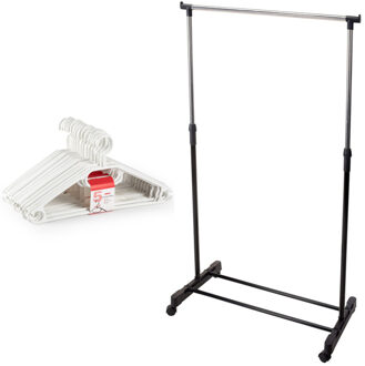 Mobiel kledingrek met kleding hangers - 10 kunststof hangers - wit/zwart