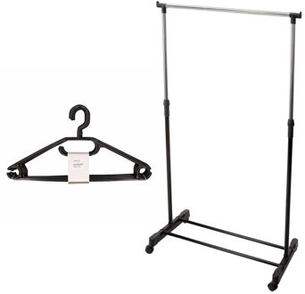 Mobiel kledingrek met kleding hangers - 10 kunststof hangers - zwart