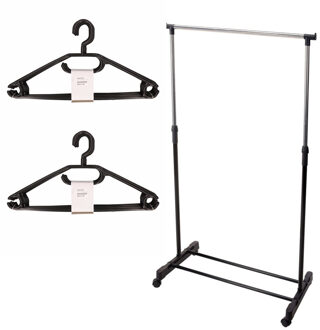 Mobiel kledingrek met kleding hangers - 20 kunststof hangers - zwart