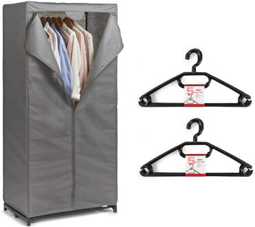 Mobiele kledingkast met kleding hangers - enkele stang - kunststof - grijs - 50 x 160 x 75 cm - Campingkledingkasten