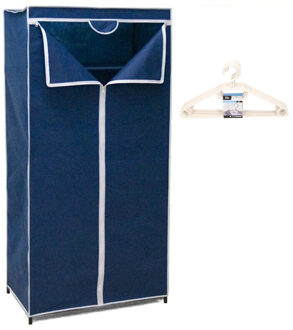 Mobiele opvouwbare kledingkast blauw 75 x 46 x 160 cm incl. 10 witte kledinghangers - Campingkledingkasten