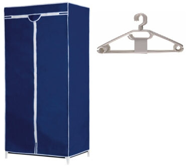 Mobiele opvouwbare kledingkast met blauwe hoes 160 cm incl 10 kledinghangers