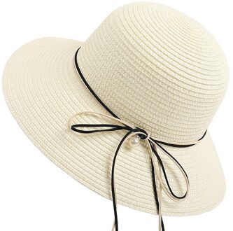 Moda Feminina Verão Praia Zonnehoed Strik Respirável Palha Chapéu Floppy Casual Ao Ar Livre Temperamento Protetor Solar Chapéus melkachtig wit