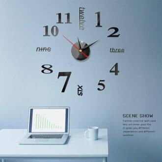 Mode 3D Diy Wandklok Spiegel Sticker Groot Aantal Brief Art Room Home Decor zwart