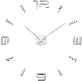 Mode 3D Grote Diy Wandklok Frameloze Mute Non Tikkende Quartz Klok Kit Met Spiegel Sticker Voor Slaapkamer Decor zilver