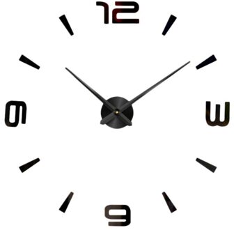 Mode 3D Grote Diy Wandklok Frameloze Mute Non Tikkende Quartz Klok Kit Met Spiegel Sticker Voor Slaapkamer Decor zwart