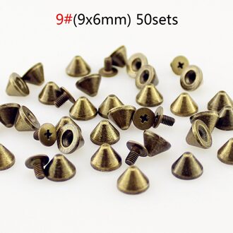 Mode 8 Ontwerpen Brons Screwback Spike Punk Rock Klinknagels Voor Leer Craft Legering Set Kegel Klinknagel Doornen Diy Kleding Accessoires 9(9x6mm)50stk