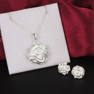 Mode 925 Sterling Zilveren Sieraden Set Oorbellen Stud Kettingen Voor Vrouwen Fijne Rose Bloem Hanger Bruiloft Kerstcadeaus
