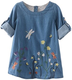 Mode Baby Kids Meisjes Korte Mouw Bloem Borduren Denim Prinses Jurken Peuter Meisje Zomer Kleding Hoge 3T