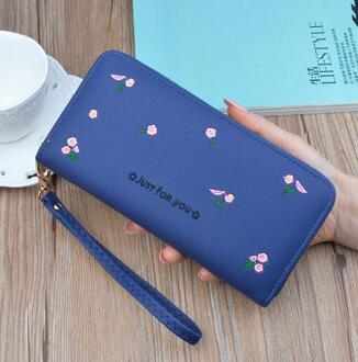 Mode Bloem Borduren Dames Portemonnee Koreaanse Stijl Lange Rits Portemonnee Toevallige Grote Capaciteit Clutch Mobiele Telefoon Tas blauw