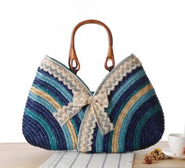 Mode Bohemen Zomer Vrouwen Kant Boog Stro Weven Rotan Handtas stro Strandtas Geweven Schouder Tote Shopping Beach Bag Blauw