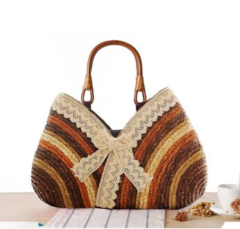 Mode Bohemen Zomer Vrouwen Kant Boog Stro Weven Rotan Handtas stro Strandtas Geweven Schouder Tote Shopping Beach Bag Bruin