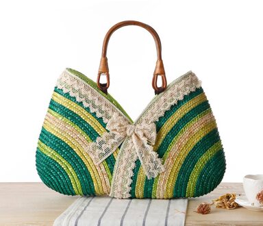 Mode Bohemen Zomer Vrouwen Kant Boog Stro Weven Rotan Handtas stro Strandtas Geweven Schouder Tote Shopping Beach Bag groen