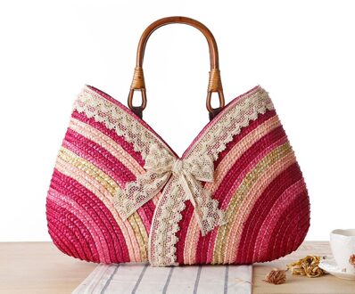 Mode Bohemen Zomer Vrouwen Kant Boog Stro Weven Rotan Handtas stro Strandtas Geweven Schouder Tote Shopping Beach Bag heet roze