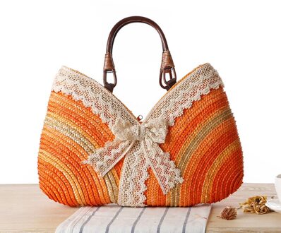 Mode Bohemen Zomer Vrouwen Kant Boog Stro Weven Rotan Handtas stro Strandtas Geweven Schouder Tote Shopping Beach Bag Oranje