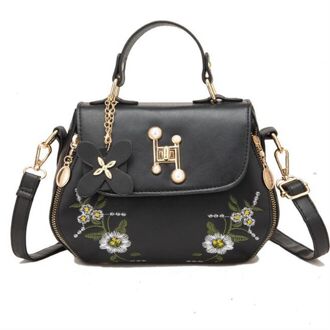 Mode Borduren Vrouwelijke Tassen Handtassen Kleine Tas Sweet Lady Schoudertas Pu Lederen Tas zwart