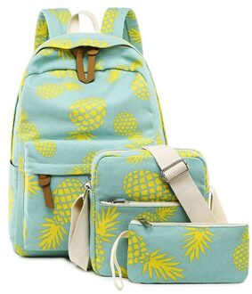 Mode Canvas Vrouwen Rugzak Set Fruit Ananas Afdrukken Vrouwelijke School Rugzak met Lunchbox Zakken Meisje Dagelijks Laptop Boekentas blauw