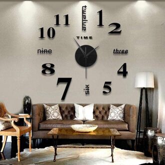 Mode Creatieve Frameloze Diy Muur Mute Klok Modern 3D Spiegel Oppervlak Sticker Voor Home Office Decor Acryl Klok #108 zwart