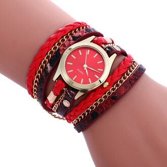 Mode Dames Weave Leer Bohemian Armband Horloges Jurk Vrouw Casual Quartz Polshorloge Часв Женские Наручные Rood