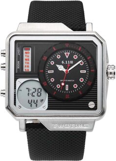 Mode Dubbele Tijdweergave Lederen heren Horloge LCD Digitale Stopwatch Datum Sport Horloges Multifunctionele Relogio Masculino zwart rood