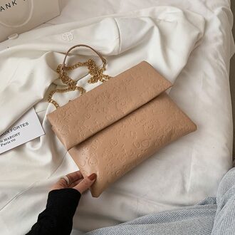 Mode Eenvoudige Messenger Bags Voor Vrouwen Zachte Lederen Schoudertas Keten Vrouwelijke Crossbody Tas Effen Kleur Cartoon Print Tas khaki