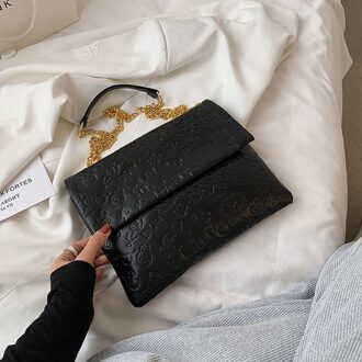 Mode Eenvoudige Messenger Bags Voor Vrouwen Zachte Lederen Schoudertas Keten Vrouwelijke Crossbody Tas Effen Kleur Cartoon Print Tas zwart