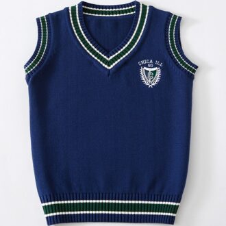 Mode Familie V-hals Vesten Borduren Schooluniform Kleding Jongens Preppy Stijl Apparatuur Prestaties Knit Vest 130-180 cm donker blauw / 10