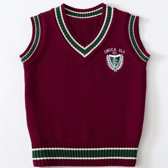Mode Familie V-hals Vesten Borduren Schooluniform Kleding Jongens Preppy Stijl Apparatuur Prestaties Knit Vest 130-180 cm wijn rood / 18