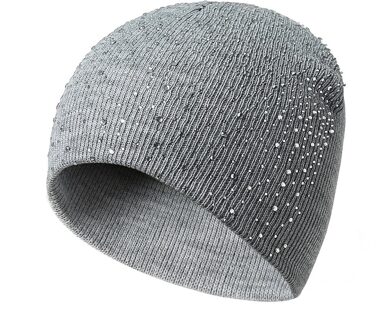 Mode Gebreide Vrouwen Cap Gypsophila Diamond Skullies Winter Gebreide Mutsen Hoeden Effen Kleur Gebreide Katoenen Caps grijs