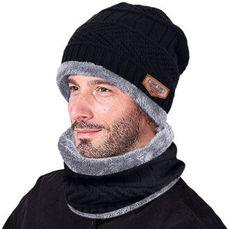 Mode hoed en sjaal Mannen Warme Beanie Winter Dikker Hoed En Sjaal Tweedelige Gebreide Winddicht Caps winter accessoires zwart