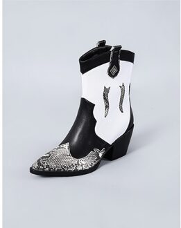 Mode Laarzen Wees Teen Hoge Hak vrouwen Laarzen Snake Print laarzen herfst vrouwen dikke hak schoenen punk mid- kuit booties 34