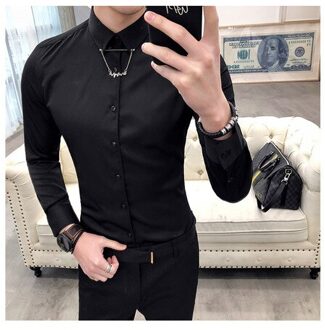 Mode Mannelijke herfst hoogwaardige zuivere katoen Business shirts Tops/mannen slim Casual revers lange- mouw kleding S-XXL zwart / Asia XL 63-67kg