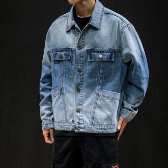 Mode Mannen Gradiënt Blauw Effen Kleur Denim Jas, Genaaid Grote Zakken, grote Maat 5XL Straat Cargo Jeans Jasje