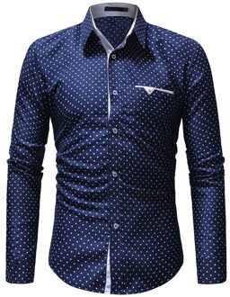 Mode Mannen Herfst Casual Shirts Lange Mouwen Turn Down Kraag Formele Polka Dot Slim Fit Lange Mouw shirt Blouse blauw / XL