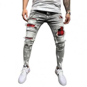 Mode Mannen Jeans Effen Kleur Patchwork Skinny Fit Ripped Jeans Stretch Denim Broek Vrouwen Kleding Streetwear Мужские Комплекты 2XL