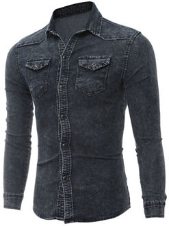 Mode Mannen Lange Mouw Solid Pocket Denim Drak Grijs Casual Vintage Shirts Slim Fit Shirt Luxe Tops Donkergrijs / Xxl