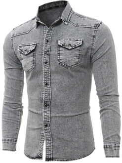 Mode Mannen Lange Mouw Solid Pocket Denim Drak Grijs Casual Vintage Shirts Slim Fit Shirt Luxe Tops Grijs / Xl
