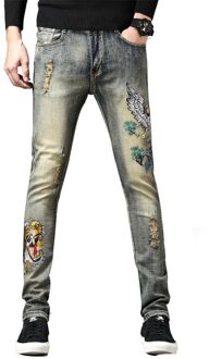 Mode Mannen Patches Jeans Eagle Tijger Borduurwerk Gat Slanke Denim Broek Vintage Ripped Stretch Skinny Mannelijke Jeans 30