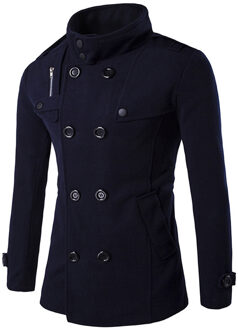 Mode Mannen Volledige Mouw Smart Casual Werkkleding Windjack Jas Warme Dikke Wollen Peacoat Lange Overjas Kleding Marineblauw / XL