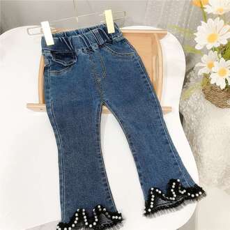 Mode Meisjes Kids Prinses Jeans Flare Broek Lente Herfst Lange Kinderen Baby Lace Kralen Denim Broek Broek S12091 5T
