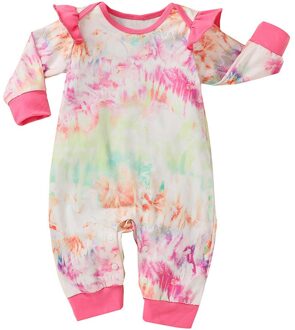 Mode Pasgeboren Baby Baby Jongens Meisjes O-hals Rainbow Tie Geverfd Gedrukt Lange Mouwen Ruches Romper Jumpsuit Outfits Kleding # P4 kleurrijk / 12m