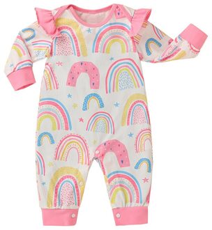 Mode Pasgeboren Baby Baby Jongens Meisjes O-hals Rainbow Tie Geverfd Gedrukt Lange Mouwen Ruches Romper Jumpsuit Outfits Kleding # P4 MULTI / 12m