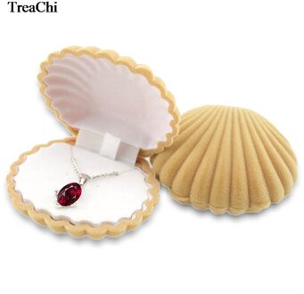 Mode Shell Vorm Fluwelen Engagement Wedding Party Ring Case Leuke Oorbellen Ketting Hanger Sieraden Display Opslag Geschenkdoos abrikoos