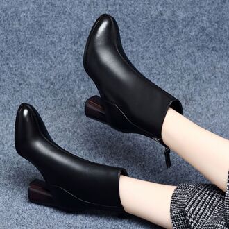 Mode Split Teen Laarzen Vrouwen Chunky Ronde Hoge Hakken Vrouwen Lederen Botas Mujer Brand Winter Schoenen Women56gh 38