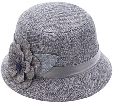 Mode Vintage Elegante Effen Kleur Vrouwen Bloemen Lint Linnen Bowler Zonnehoed Fedora Emmer Cap grijs