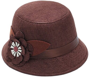 Mode Vintage Elegante Effen Kleur Vrouwen Bloemen Lint Linnen Bowler Zonnehoed Fedora Emmer Cap koffie