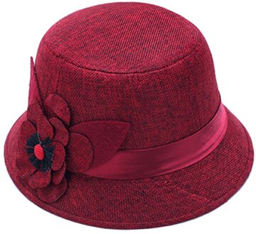Mode Vintage Elegante Effen Kleur Vrouwen Bloemen Lint Linnen Bowler Zonnehoed Fedora Emmer Cap Rood