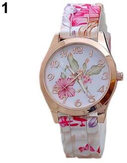 Mode Vrouwen Bloemenprint Silicon Band Arabische Cijfers Wijzerplaat Quartz Horloge Armband 1